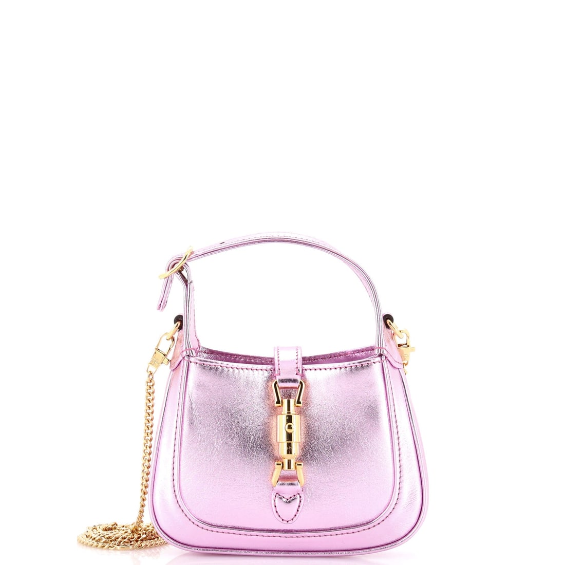 Gucci Jackie 1961 Chain Hobo Leather Super Mini: Jackie 1961 Chain Hobo by Gucci is built around its interior logic, the compartments calibrated for daily rotation rather than catalog elegance. A clean, editorial metallic, pink pulls the eye first,