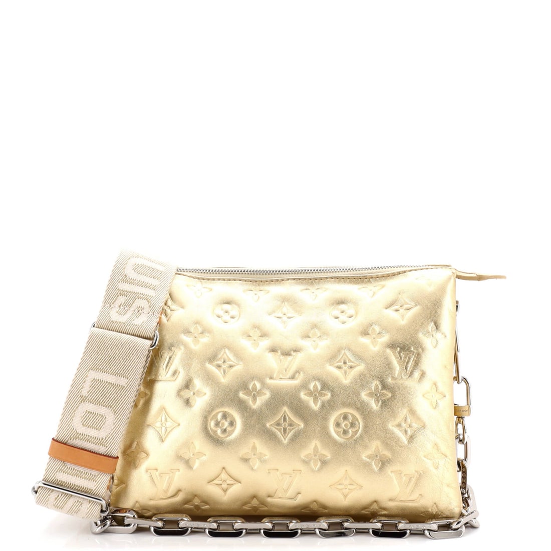Louis Vuitton Saint Sulpice Handbag Monogram Empreinte Leather PM: Pockets on the Louis Vuitton Saint Sulpice Handbag are positioned with intent, sized for the items they were drawn for rather than added as afterthought. A clean, editorial blue pulls the eye first, d