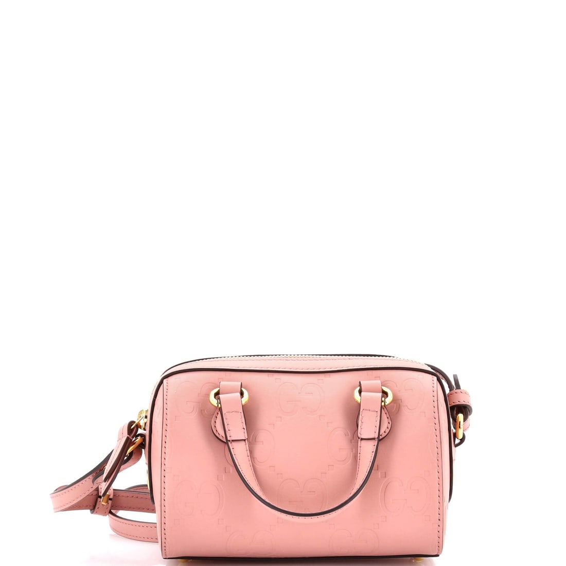 Gucci Convertible Boston Bag Jumbo GG Embossed Leather Super Mini: Gucci's Convertible Boston Bag leans on its hardware, the fittings rendered with the polish that anchors the house silhouette. The pink colorway sits richly across the surface, sized to carry the colo