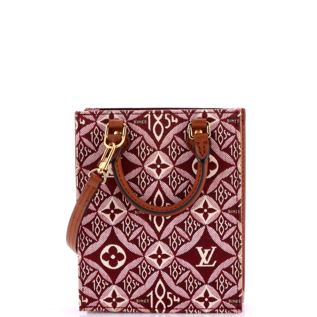 Louis Vuitton Petit Sac Plat Bag Limited Edition Since 1854 Monogram Jacquard: The Louis Vuitton Petit Sac Plat Bag reads as part of a continuing house conversation rather than a standalone moment. A luminous brown, red palette carries the read, finished in jacquard, the loom-wo