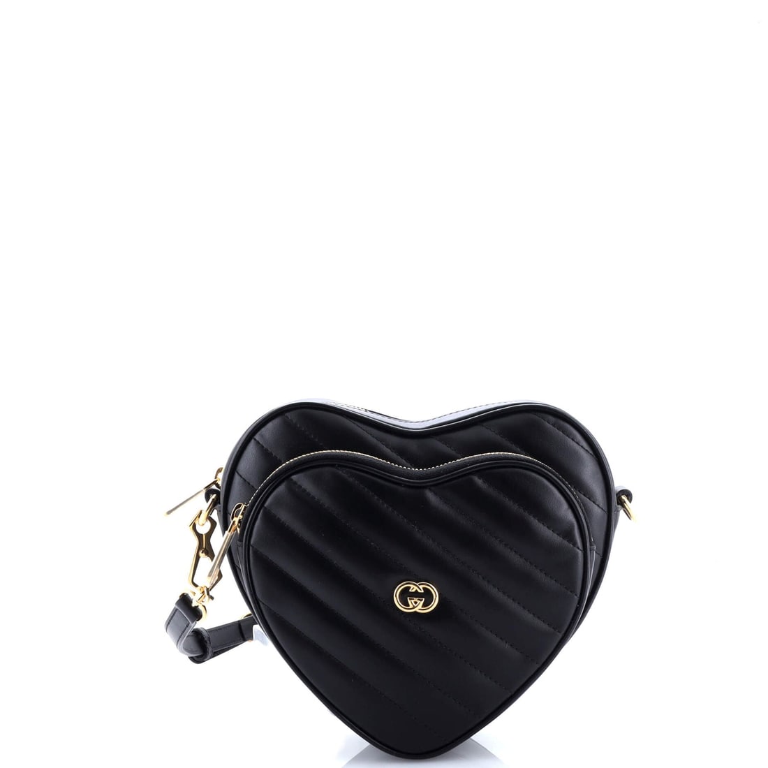 Gucci Interlocking G Heart Shoulder Bag Diagonal Quilted Leather Mini: Drawn in diagonal quilted leather, this Gucci Interlocking G Heart Shoulder Bag carries the surface character that only develops with the right atelier behind it. A clean, editorial black pulls the ey