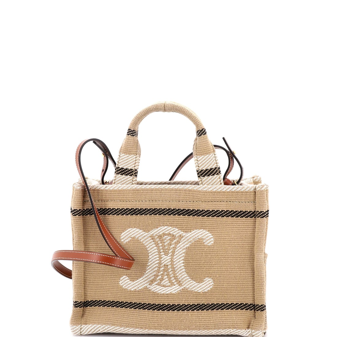 Celine Cabas Thais Tote Striped Jacquard Textile Small: Every pocket on the Celine Cabas Thais Tote earns its place, the interior laid out for keys, cards, phone and the small accessories of a day. The neutral treatment carries its own presence, drawn in j