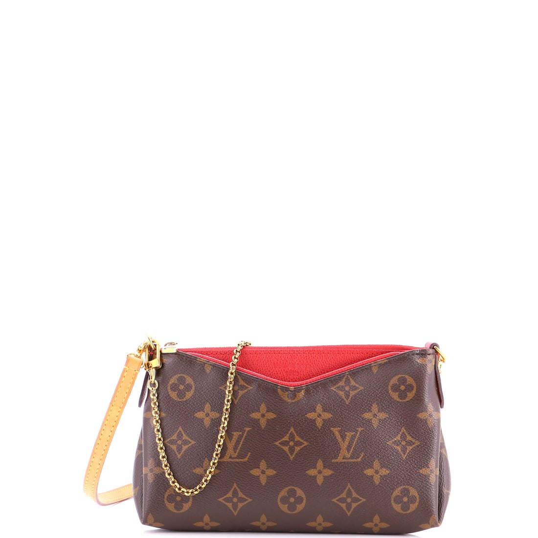 Louis Vuitton Pallas Clutch Monogram Canvas with Leather: Louis Vuitton chose monogram canvas with leather for this Pallas Clutch with deliberate intent, the texture earning its place over time. Cast in a saturated brown, cut from Monogram, the canvas George