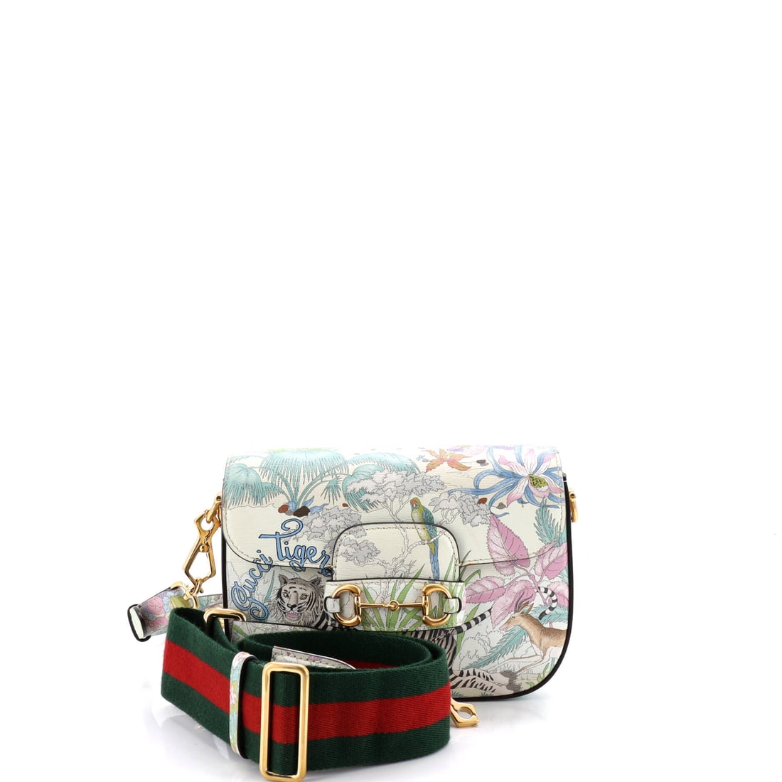 Gucci Horsebit 1955 Shoulder Bag Printed Leather Mini: An unmistakable Gucci signature on this Horsebit 1955 Shoulder Bag, the outline drawn with the precision that separates a house bag from a copy. A luminous print, white palette carries the read, holdi