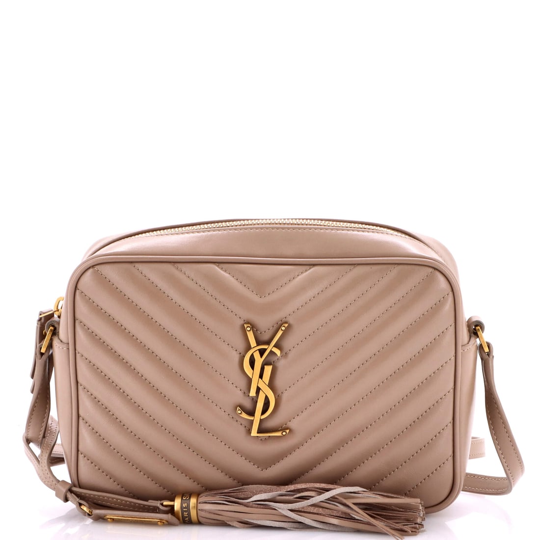 Saint Laurent Lou Camera Bag Matelasse Chevron Leather Small: Lift the flap on this Saint Laurent Lou Camera Bag and it resolves into clear compartments, built for real carry rather than catalog photography. Cast in a saturated neutral, drawn in matelasse, the q