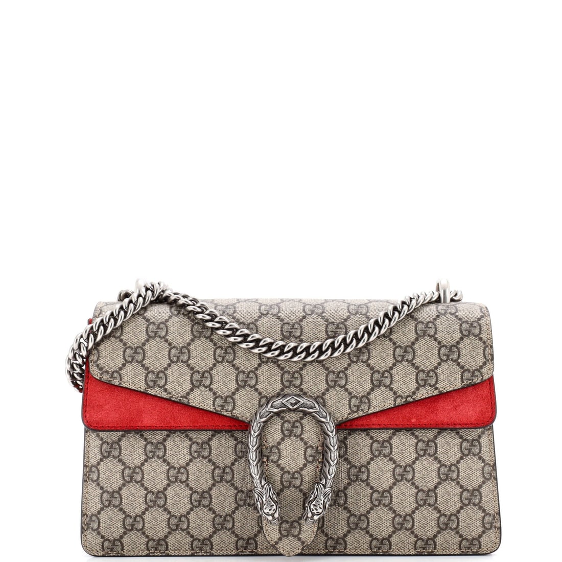 Gucci Dionysus Bag GG Coated Canvas Small: The Dionysus Bag's gleaming clasp and fittings carry the Gucci hardware signature, applied with a working bag's restraint. The brown colorway sits richly across the surface, finished in coated canvas,