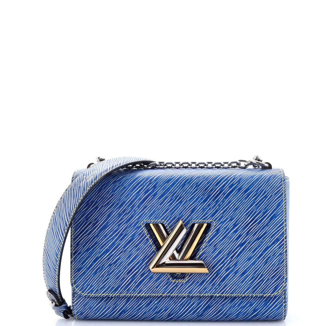 Louis Vuitton Twist Handbag Epi Leather MM: Twist Handbag in epi leather reads as a working Louis Vuitton silhouette, the leather selected for daily wear rather than display. A clean, editorial blue pulls the eye first, calibrated to read edito