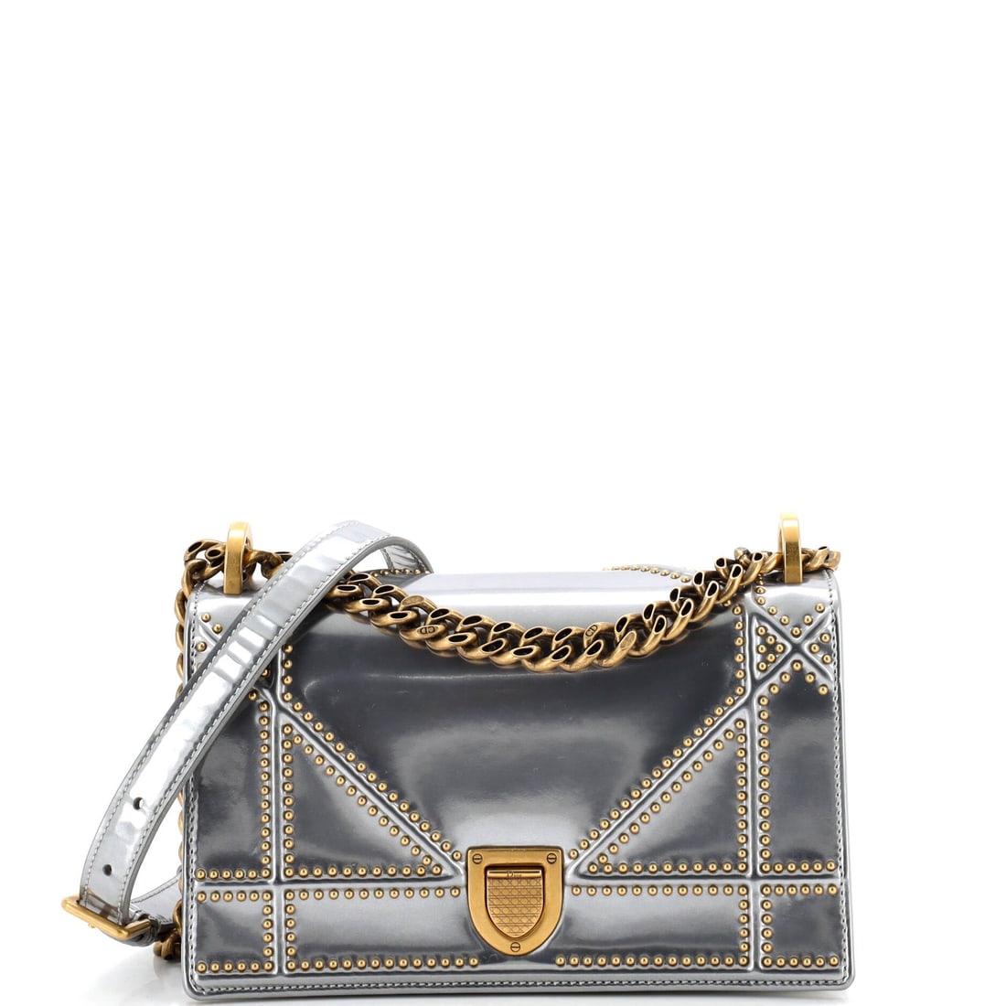 Christian Dior Diorama Flap Bag Studded Patent Small: Worn, this Christian Dior Diorama Flap Bag reads light despite its presence, the kind of carry refinement that defines a working house bag. In gray, silver, the silhouette reads modern without effort,