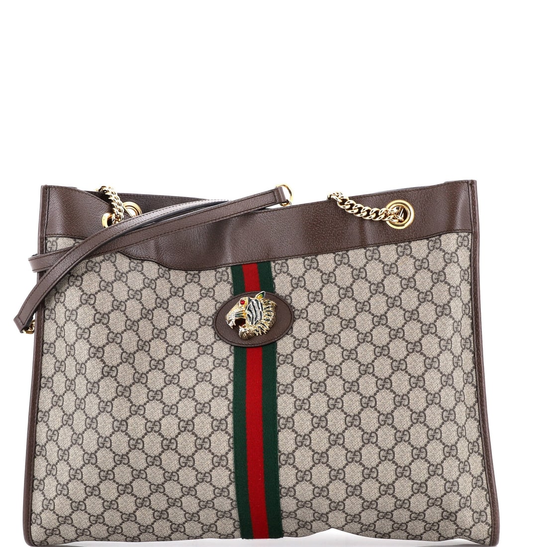Gucci Rajah Chain Tote GG Coated Canvas Large: Gucci's Rajah Chain Tote reads as a working chapter in the house catalog, carrying forward the silhouette logic the line has been refining for years. The brown colorway sits richly across the surface,