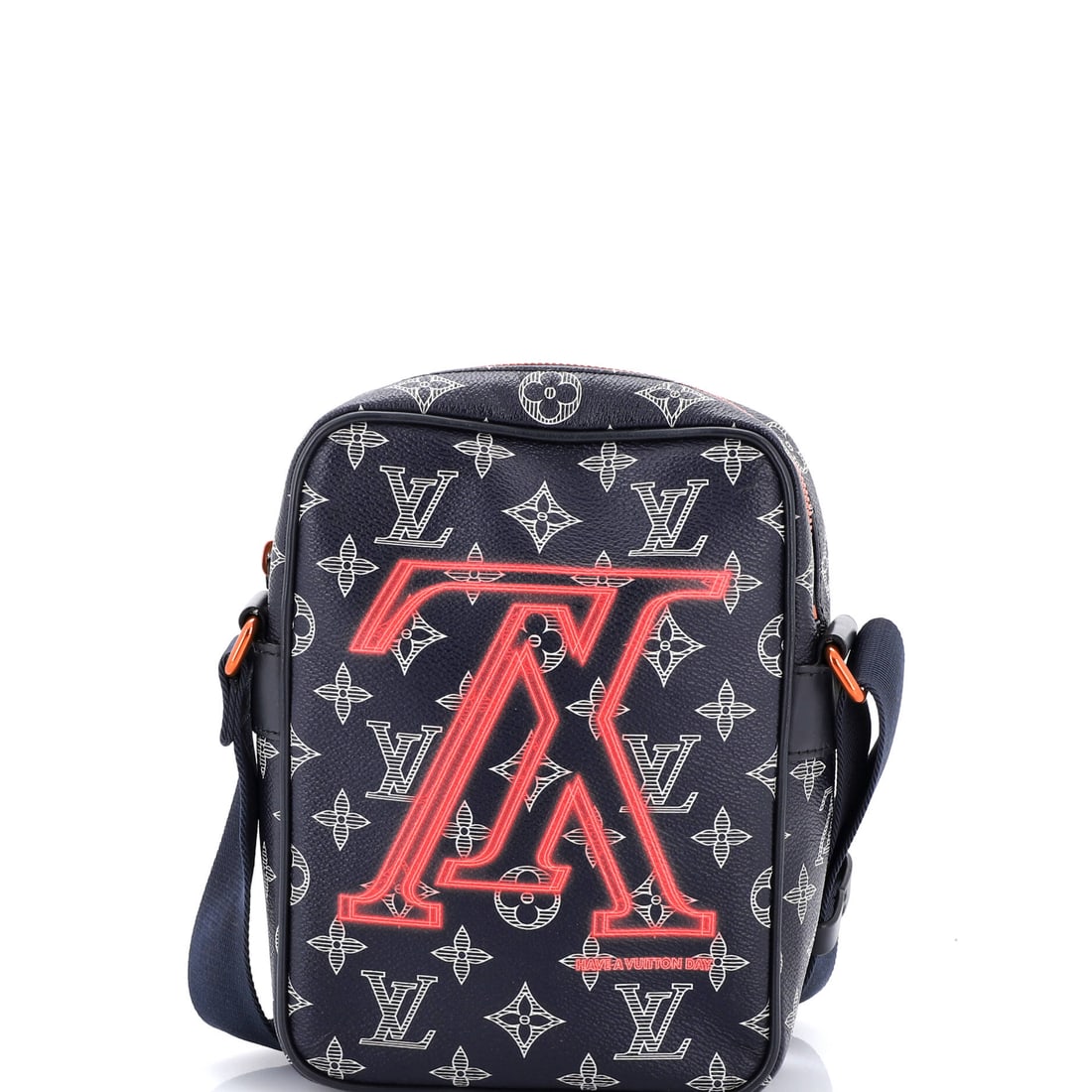 Louis Vuitton Danube Handbag Limited Edition Upside Down Monogram Ink PM: Inside, the Danube Handbag reveals the kind of Louis Vuitton interior planning that earns its rotation: room for a wallet, a phone, a slim book. The blue treatment carries its own presence, the kind o