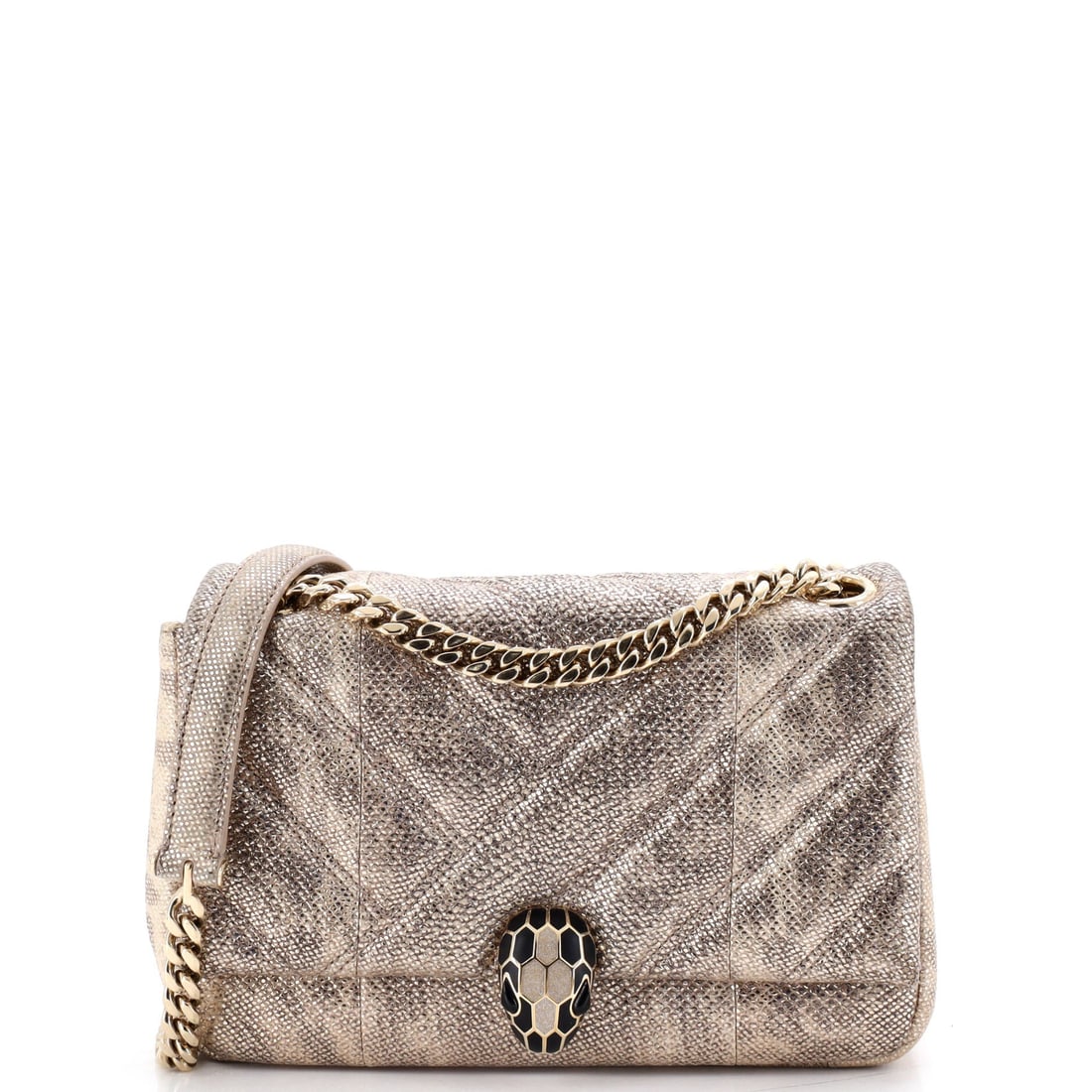 Bvlgari Serpenti Cabochon Shoulder Bag Diagonal Quilted Metallic Karung Small: The Bvlgari Serpenti Cabochon Shoulder Bag's hardware sets the tone, calibrated to the signature balance between gleam and restraint. A luminous gold palette carries the read, finished in cabochon, th