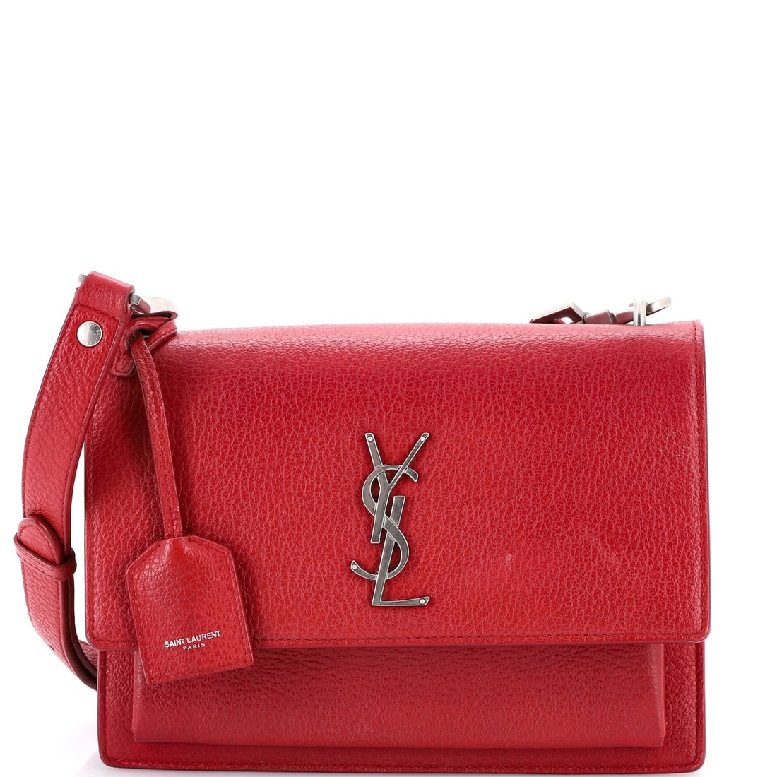 Saint Laurent Sunset Satchel Leather Medium: Every pocket on the Saint Laurent Sunset Satchel earns its place, the interior laid out for keys, cards, phone and the small accessories of a day. The red treatment carries its own presence, the kind 