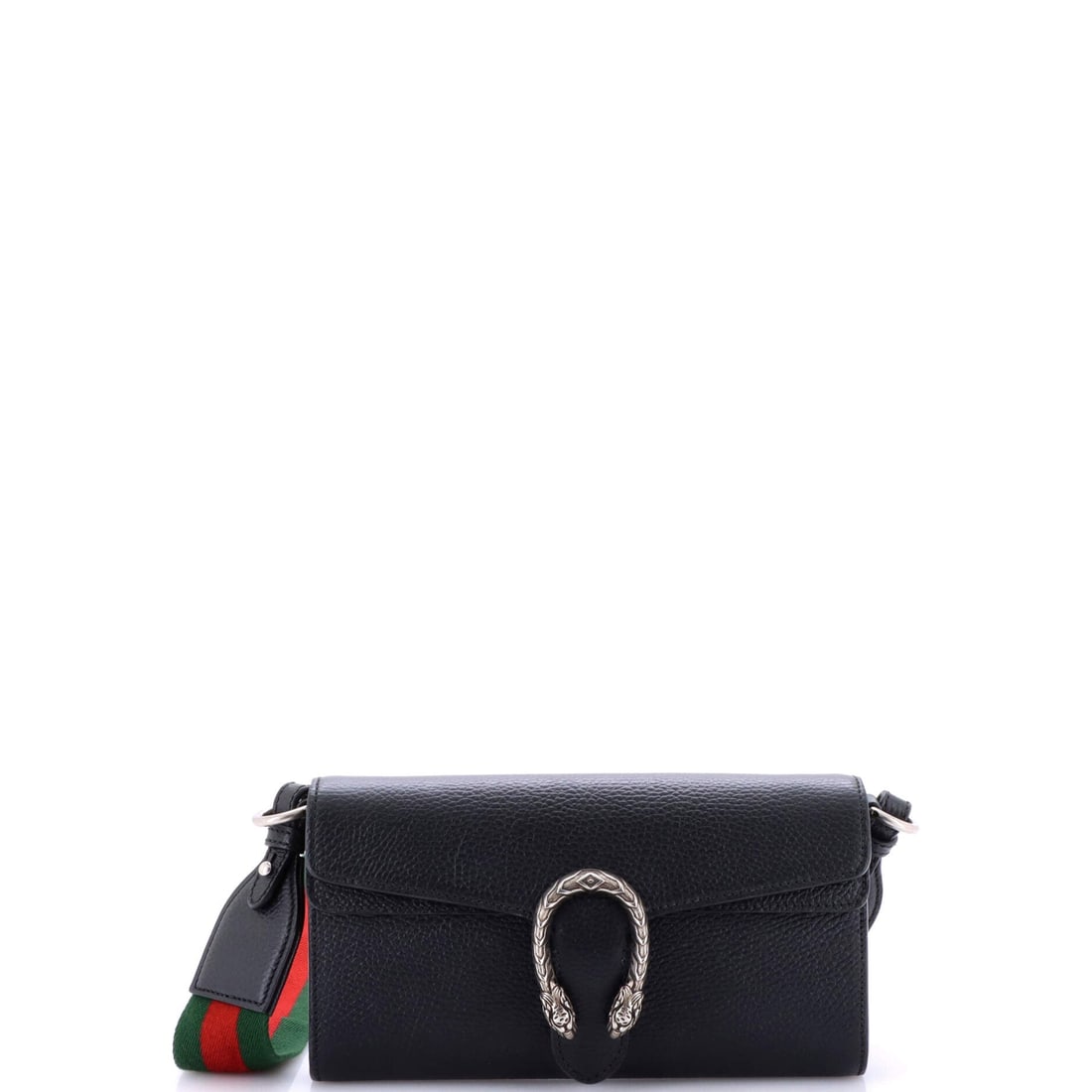 Gucci Dionysus East-West Flap Bag Leather Small: Built around the Gucci Dionysus East-West Flap Bag outline, the shape carries the squared, settled posture the house returns to season after season. The black colorway sits richly across the surface, 