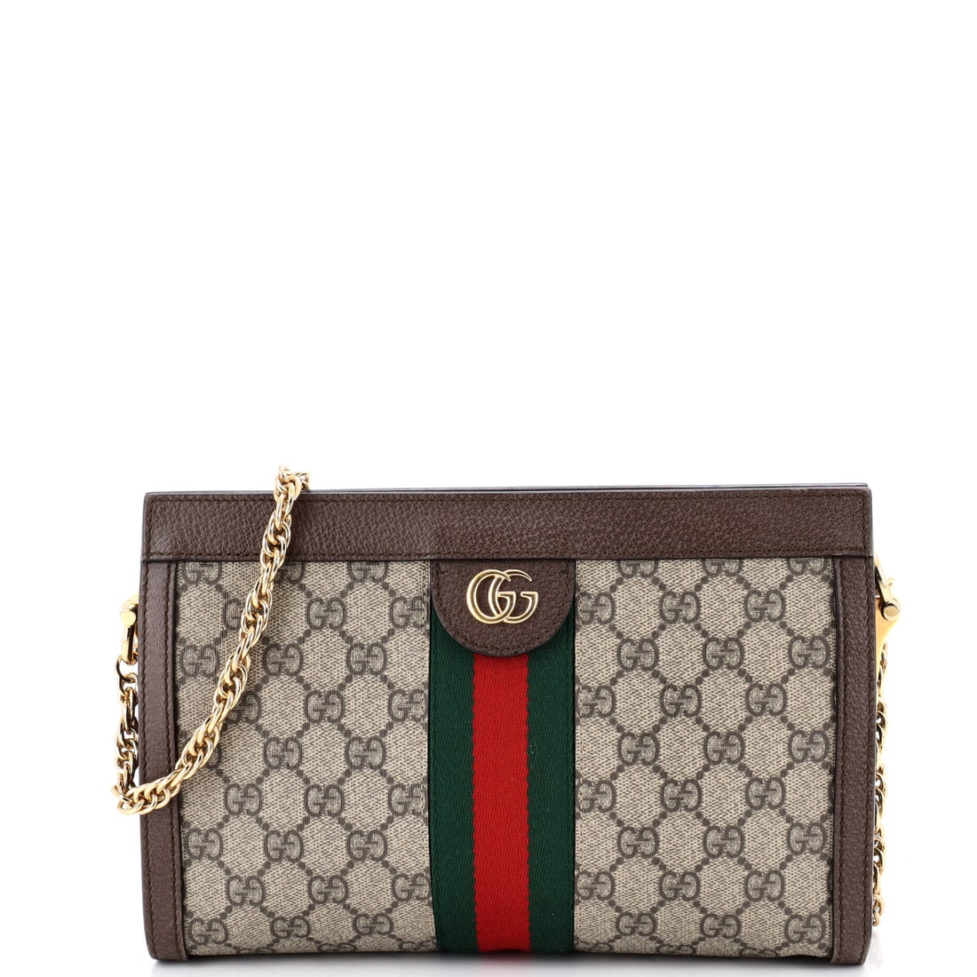 Gucci Ophidia Chain Shoulder Bag GG Coated Canvas Small: From the side, the Gucci Ophidia Chain Shoulder Bag reads as architecture first, a silhouette that has been refined into a settled idiom. A luminous brown palette carries the read, rendered in coated 