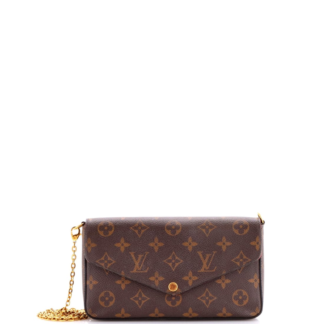 Louis Vuitton Felicie Pochette Monogram Canvas: On this Louis Vuitton Felicie Pochette, the hardware reads as the architectural anchor, the same finish that carries across the rest of the line. The brown colorway sits richly across the surface, fin