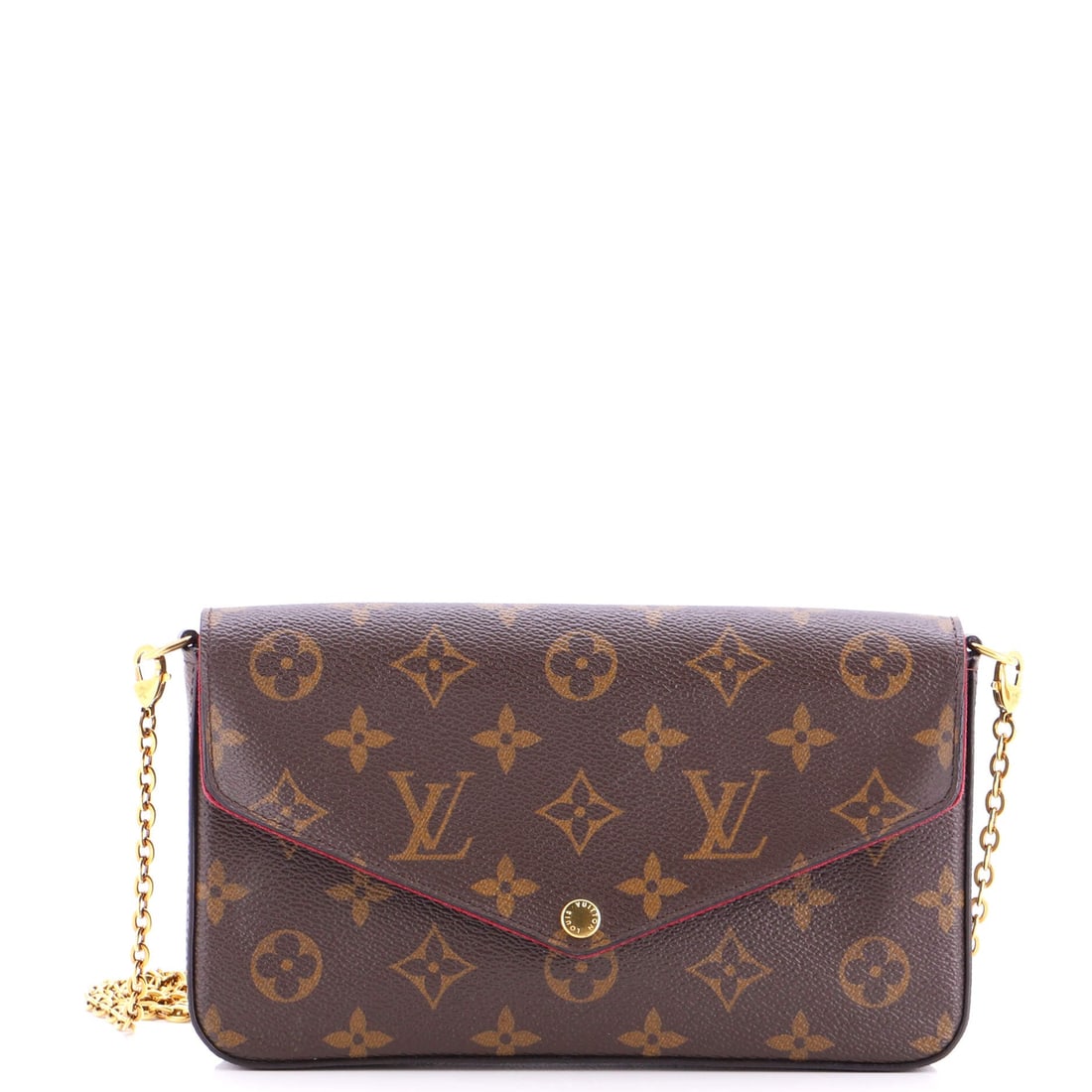Louis Vuitton Felicie Pochette Monogram Canvas: The Felicie Pochette's gleaming clasp and fittings carry the Louis Vuitton hardware signature, applied with a working bag's restraint. In brown, the silhouette reads modern without effort, finished in