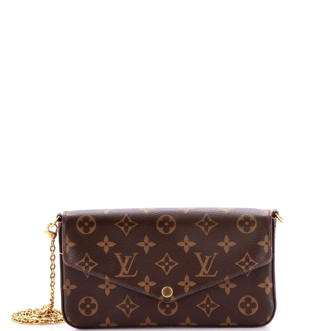 Louis Vuitton Felicie Pochette Monogram Canvas: Felicie Pochette in monogram canvas reads as a working Louis Vuitton silhouette, the leather selected for daily wear rather than display. The brown treatment carries its own presence, cut from Monogra