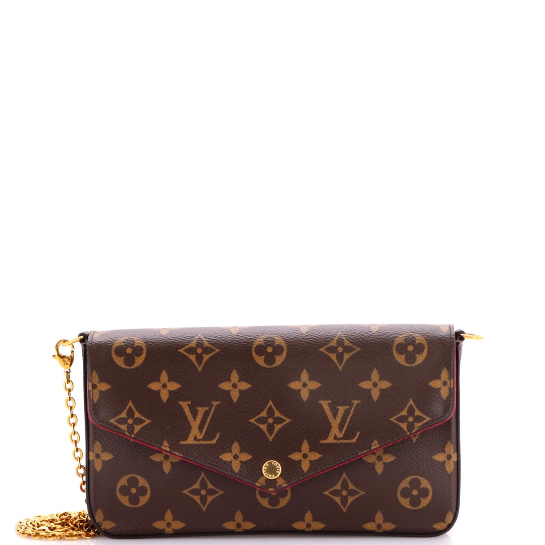 Louis Vuitton Felicie Pochette Monogram Canvas: Open the Louis Vuitton Felicie Pochette and the pocketing is the first thing you notice, the kind of interior that takes structure seriously. Cast in a saturated brown, drawn in Monogram, the canvas G