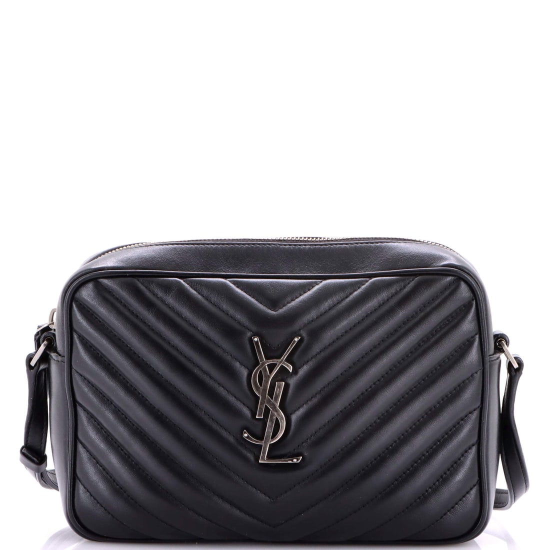 Saint Laurent Lou Camera Bag Matelasse Chevron Leather Small: Saint Laurent's Lou Camera Bag leans on its hardware, the fittings rendered with the polish that anchors the house silhouette. A luminous black palette carries the read, finished in matelasse, the qui
