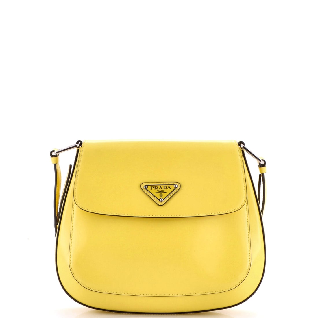Prada Cleo Flap Shoulder Bag Spazzolato Leather Small: Cleo Flap Shoulder Bag by Prada is built around its interior logic, the compartments calibrated for daily rotation rather than catalog elegance. A clean, editorial yellow pulls the eye first, the kind