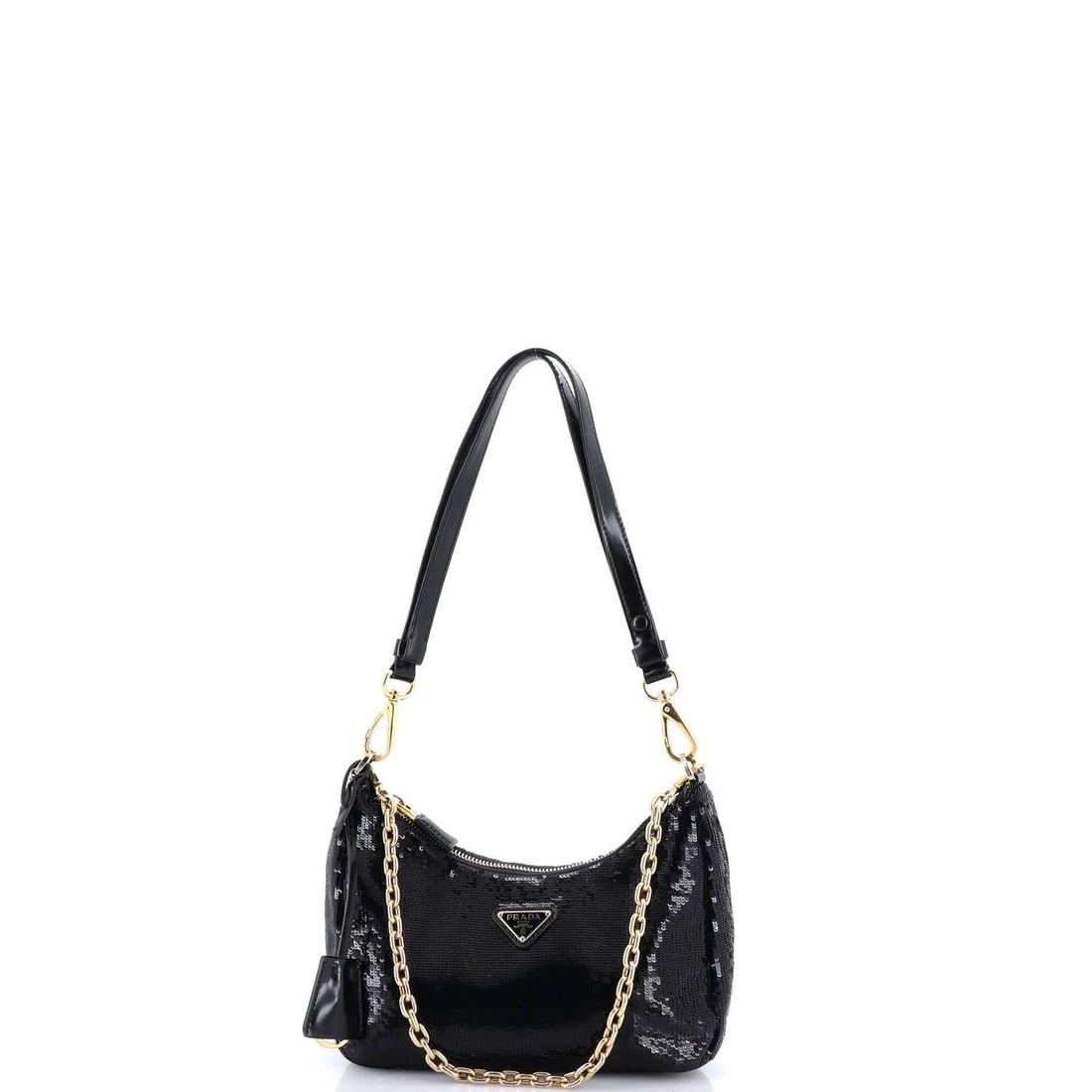 Prada Re-Edition Shoulder Bag Sequins Embellished Re-Nylon Mini: Open the Prada Re-Edition Shoulder Bag and the interior reads practical first, the kind of layout that quietly justifies the exterior presence. Cast in a saturated black, the kind of palette that earn
