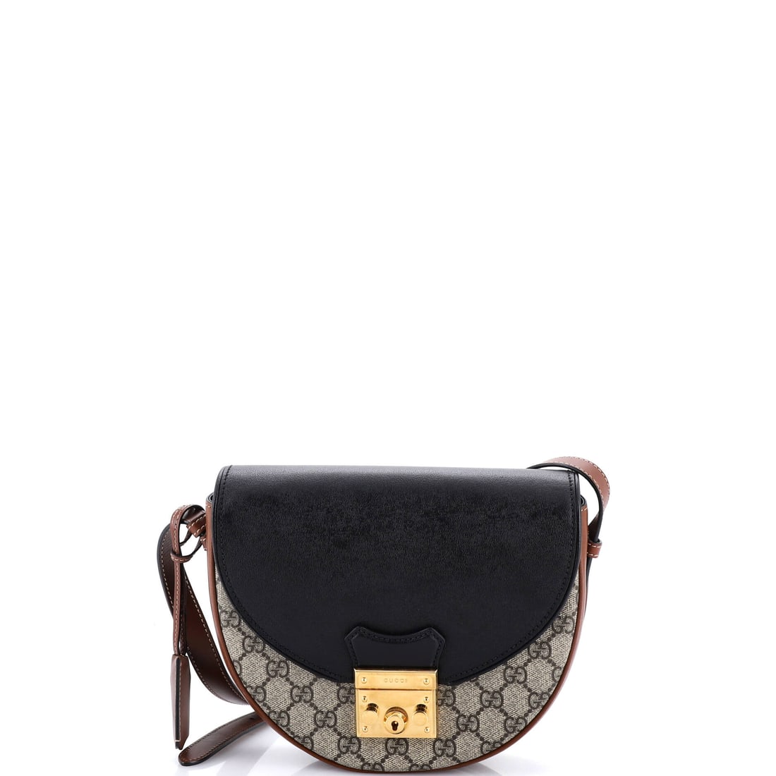 Gucci Padlock Saddle Shoulder Bag GG Coated Canvas and Leather Small: The Gucci Padlock Saddle Shoulder Bag's hardware sets the tone, calibrated to the signature balance between gleam and restraint. The black, brown colorway sits richly across the surface, finished in c
