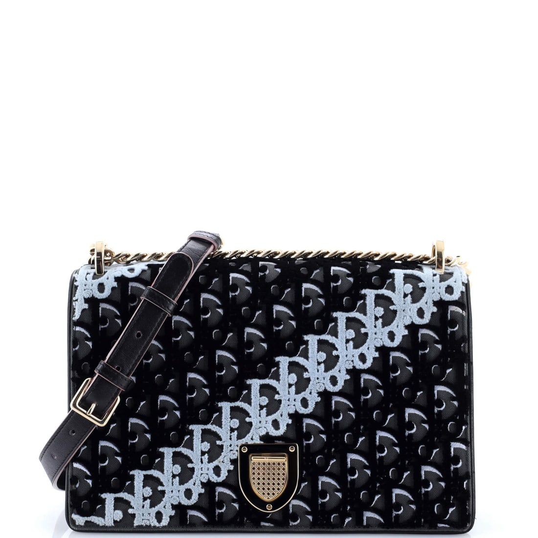 Christian Dior Diorama Flap Bag Oblique Velvet and Canvas Medium: Cut from oblique velvet and canvas, the Christian Dior Diorama Flap Bag reads soft to the touch and disciplined on the body. A clean, editorial black, blue, gray pulls the eye first, calibrated to rea