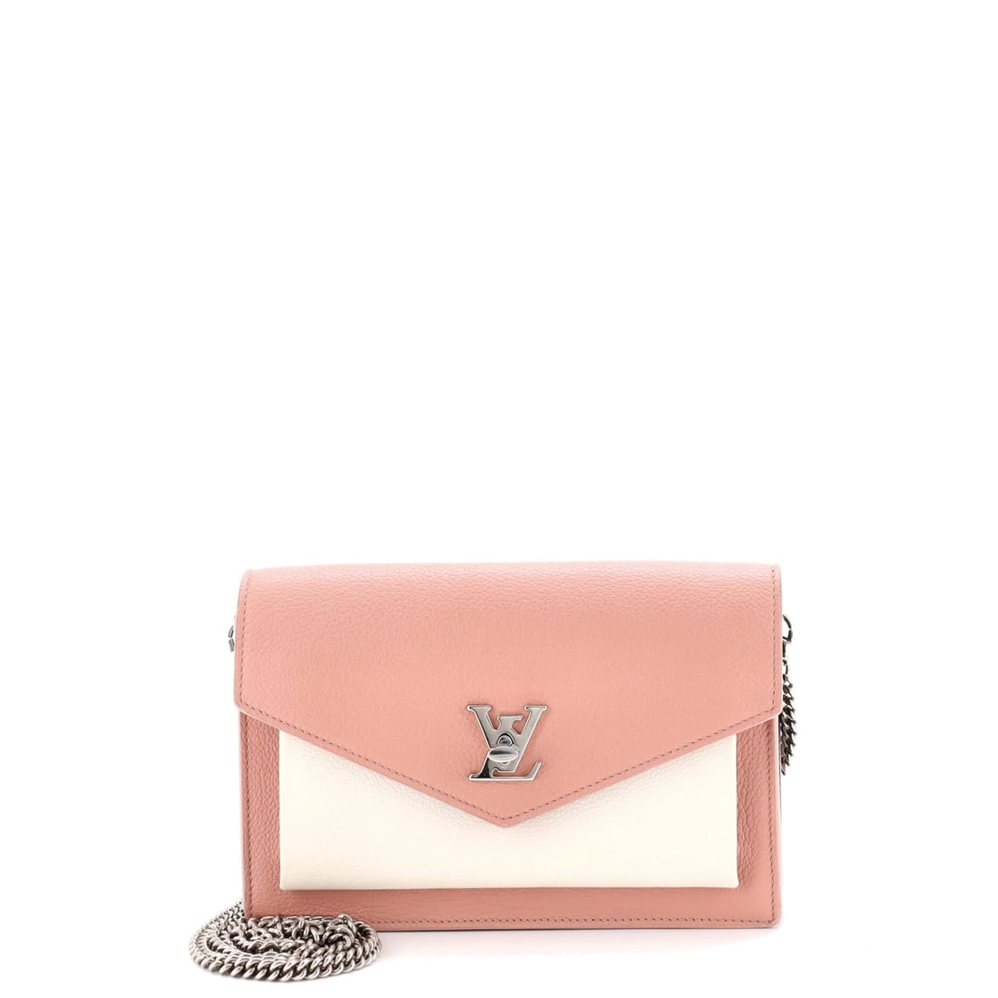 Louis Vuitton Mylockme Chain Pochette Leather: Louis Vuitton's Mylockme Chain Pochette relies on the particular hand of leather, the surface registering light differently across the curve. The neutral, pink treatment carries its own presence, cali