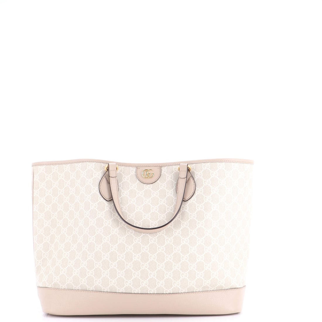 Gucci Ophidia Top Handle Shopping Tote GG Coated Canvas and Leather Medium: On the body, the Gucci Ophidia Top Handle Shopping Tote settles fast, a carry profile tuned across decades of the line. A luminous neutral palette carries the read, rendered in coated canvas, the ligh