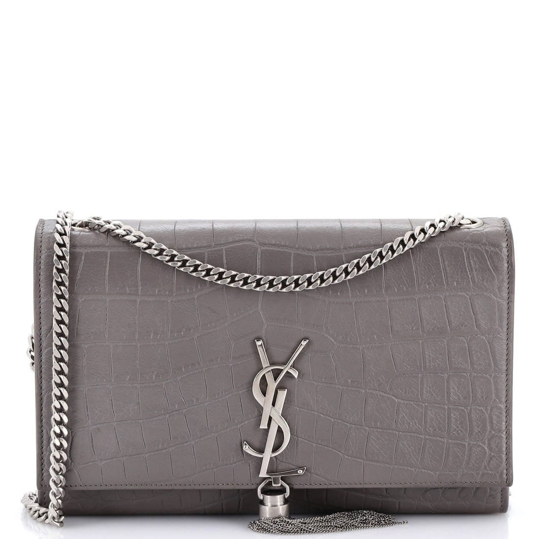 Saint Laurent Classic Monogram Tassel Crossbody Bag Crocodile Embossed Leather Medium: Sized for daily rotation, the Saint Laurent Classic Monogram Tassel Crossbody Bag lands in the part of the lineup that does the most work. A clean, editorial gray pulls the eye first, cut from crocodi