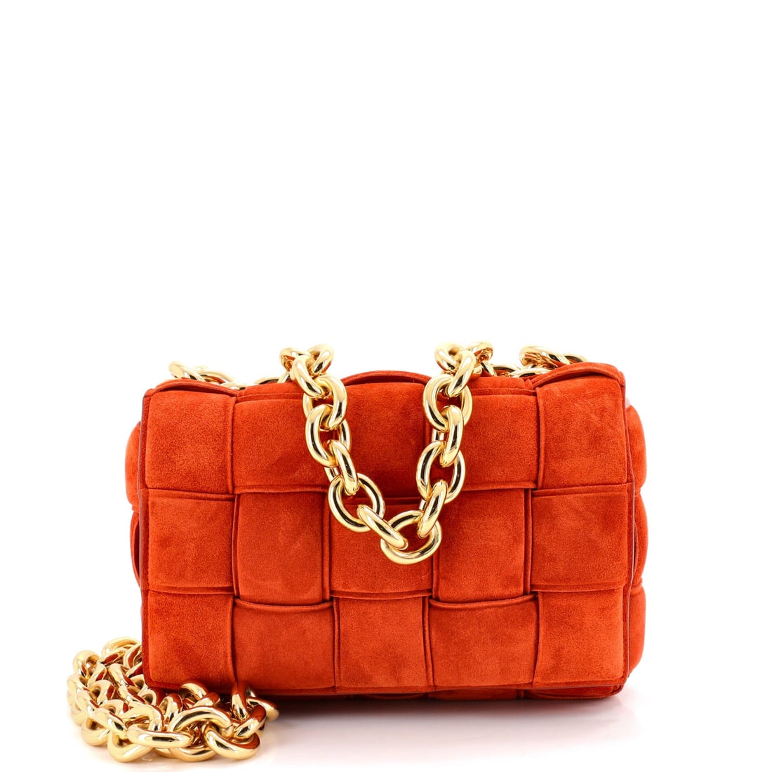 Bottega Veneta Cassette Chain Crossbody Bag Padded Maxi Intrecciato Suede: Worn, this Bottega Veneta Cassette Chain Crossbody Bag reads light despite its presence, the kind of carry refinement that defines a working house bag. In orange, the silhouette reads modern without e