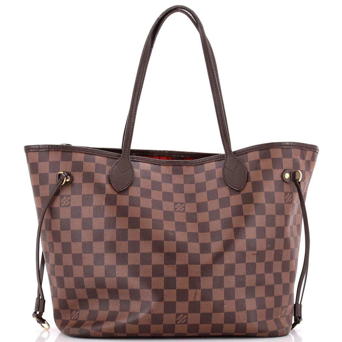 Louis Vuitton Neverfull NM Tote Damier MM: From the side, the Louis Vuitton Neverfull NM Tote reads as architecture first, a silhouette that has been refined into a settled idiom. The brown colorway sits richly across the surface, rendered in 