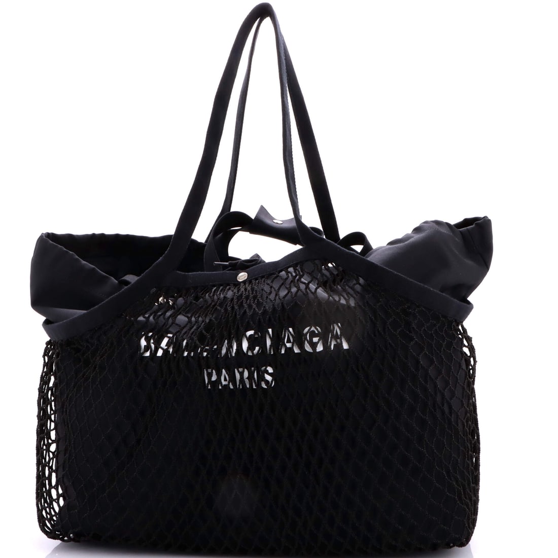 Balenciaga 24/7 Drawstring Tote Mesh and Canvas Medium: The Balenciaga 24/7 Drawstring Tote sits within a long line of house silhouettes, the shape refined over successive seasons into the language of the line. A luminous black palette carries the read, si