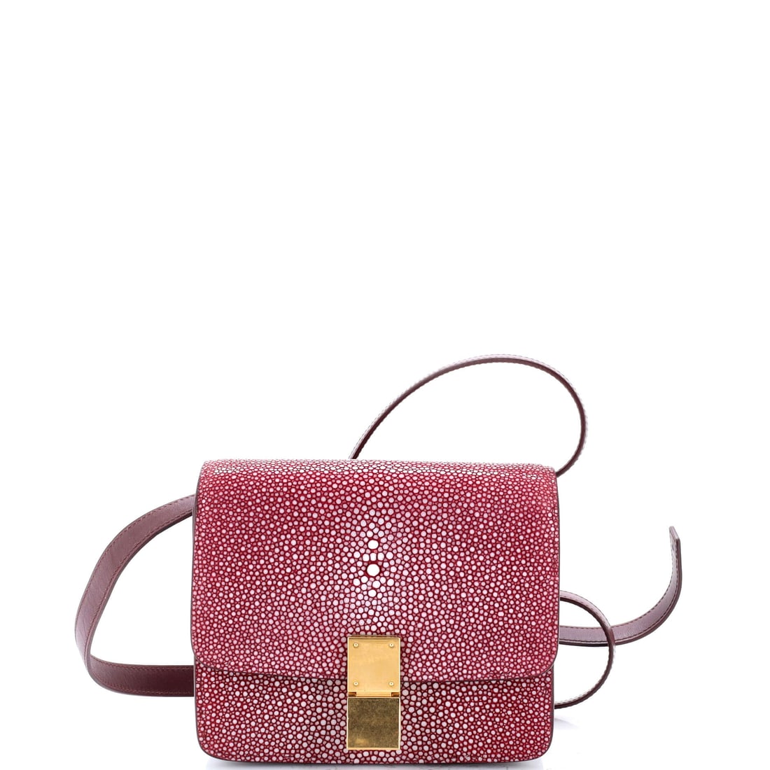 Celine Classic Box Bag Stingray Small: Celine's Classic Box Bag relies on the particular hand of stingray, the surface registering light differently across the curve. Cast in a saturated pink, calibrated to read editorial in any light. Wit