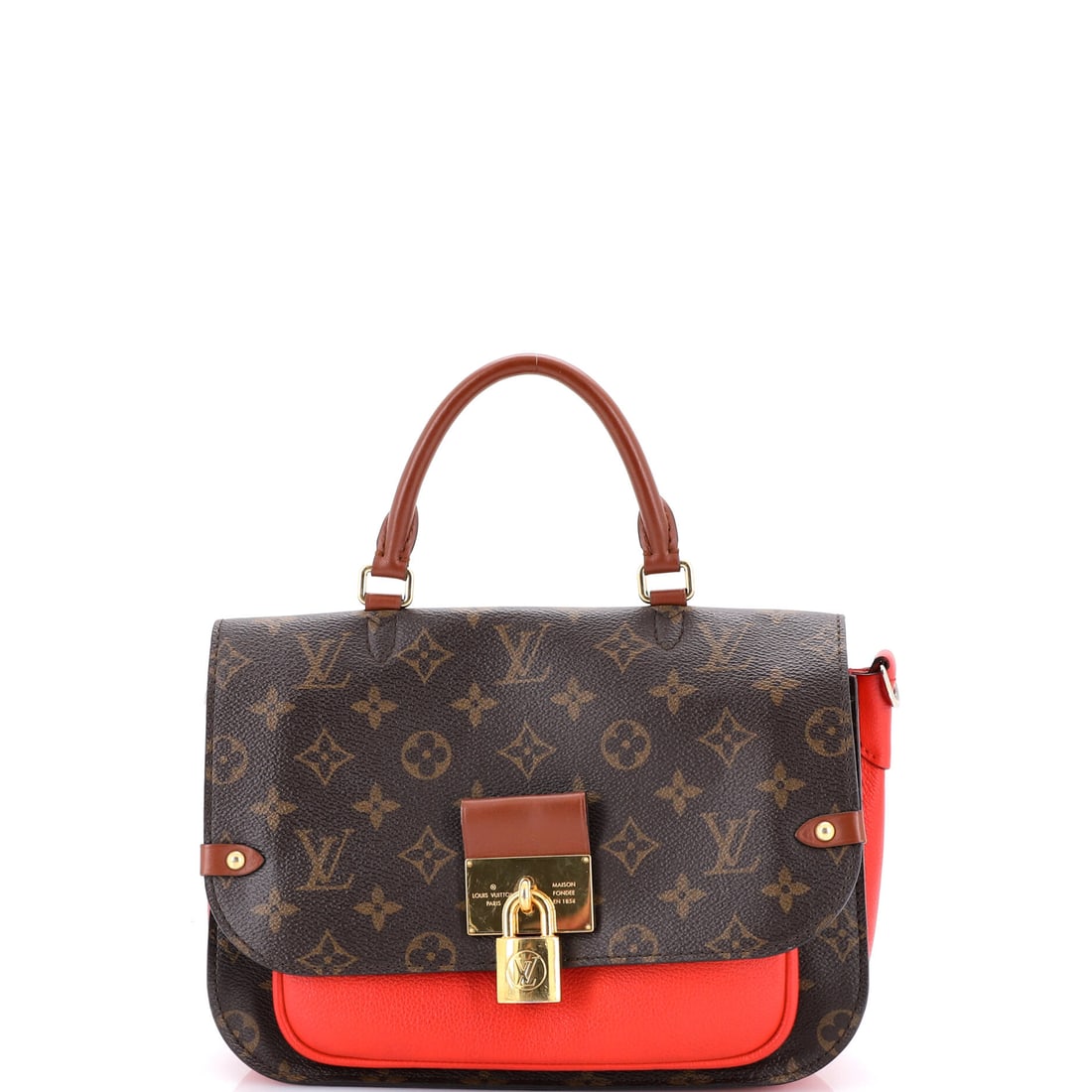 Louis Vuitton Vaugirard Handbag Monogram Canvas with Leather: Vaugirard Handbag in monogram canvas with leather reads as a working Louis Vuitton silhouette, the leather selected for daily wear rather than display. A clean, editorial brown, red pulls the eye firs