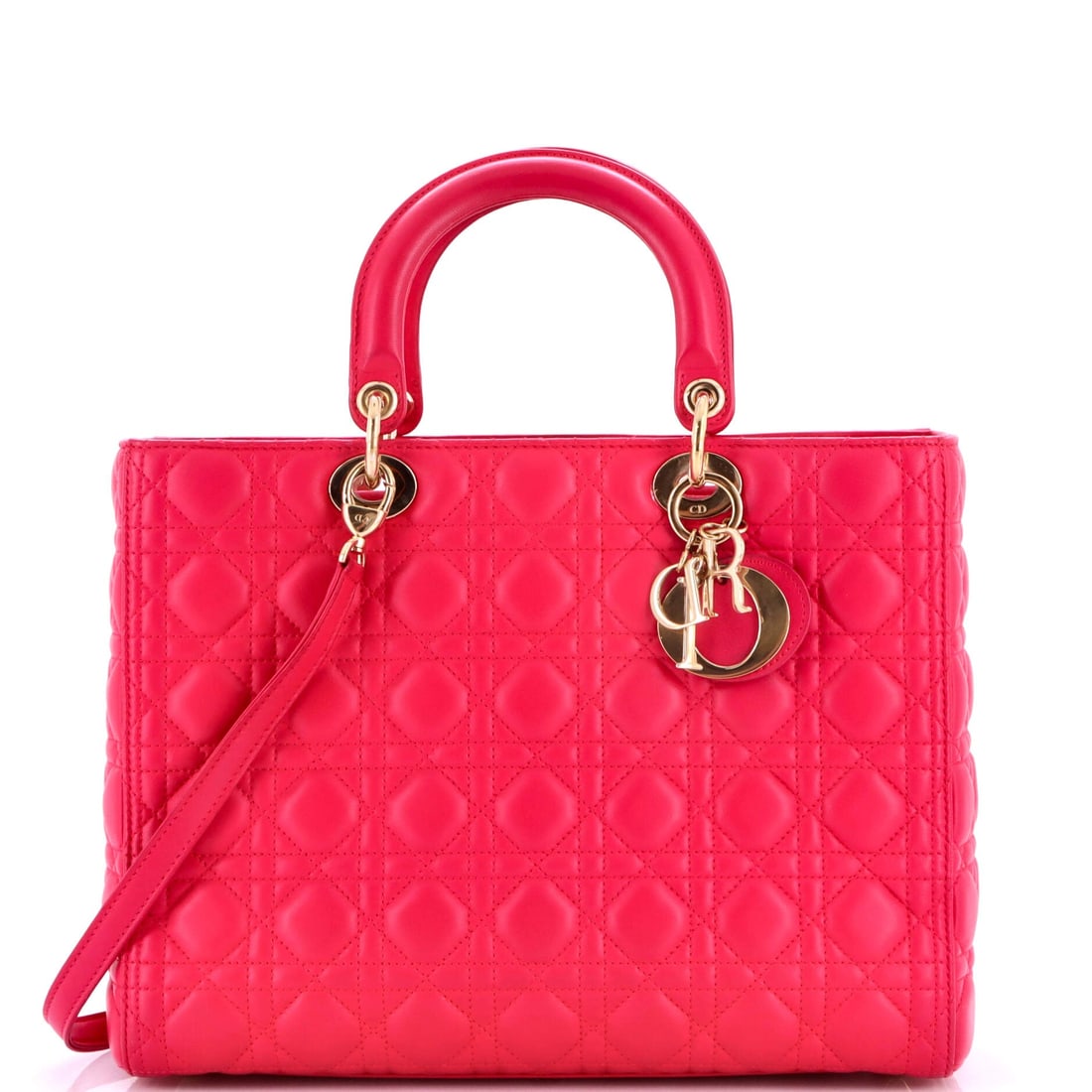 Christian Dior Lady Dior Bag Cannage Quilt Lambskin Large: Sized for daily rotation, the Christian Dior Lady Dior Bag lands in the part of the lineup that does the most work. A clean, editorial pink pulls the eye first, cut from lambskin, the softer and more 