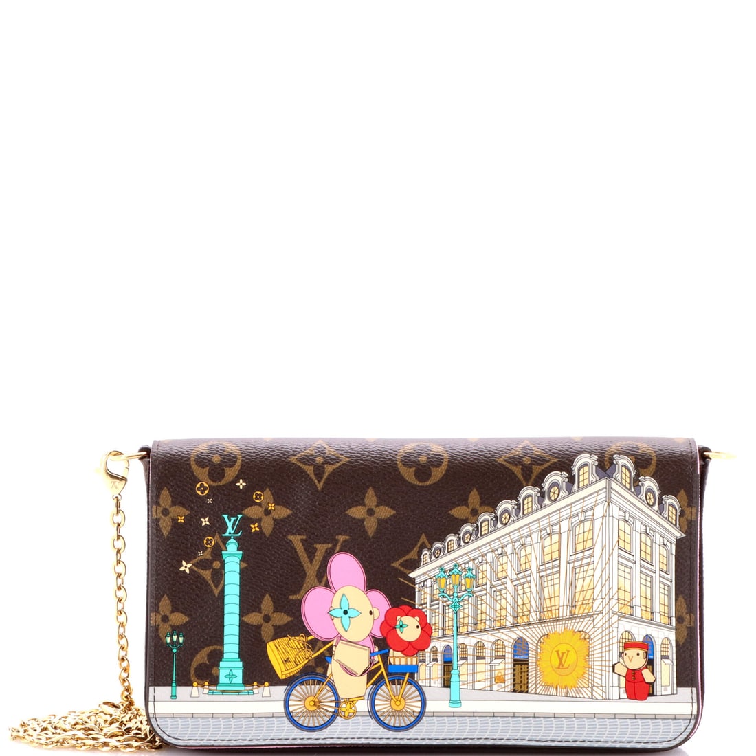 Louis Vuitton Felicie Pochette Limited Edition Vivienne Xmas Monogram Canvas: Felicie Pochette in limited edition vivienne xmas monogram canvas sits squarely within the Louis Vuitton canon, the structural language unmistakable on sight. A luminous brown palette carries the read