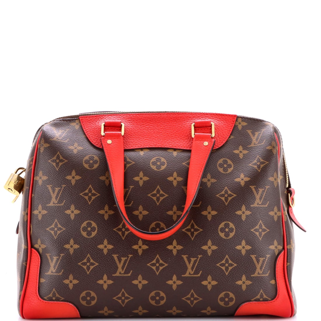 Louis Vuitton Retiro NM Handbag Monogram Canvas and Leather: Built around the Louis Vuitton Retiro NM Handbag outline, the shape carries the squared, settled posture the house returns to season after season. The brown, red colorway sits richly across the surfac