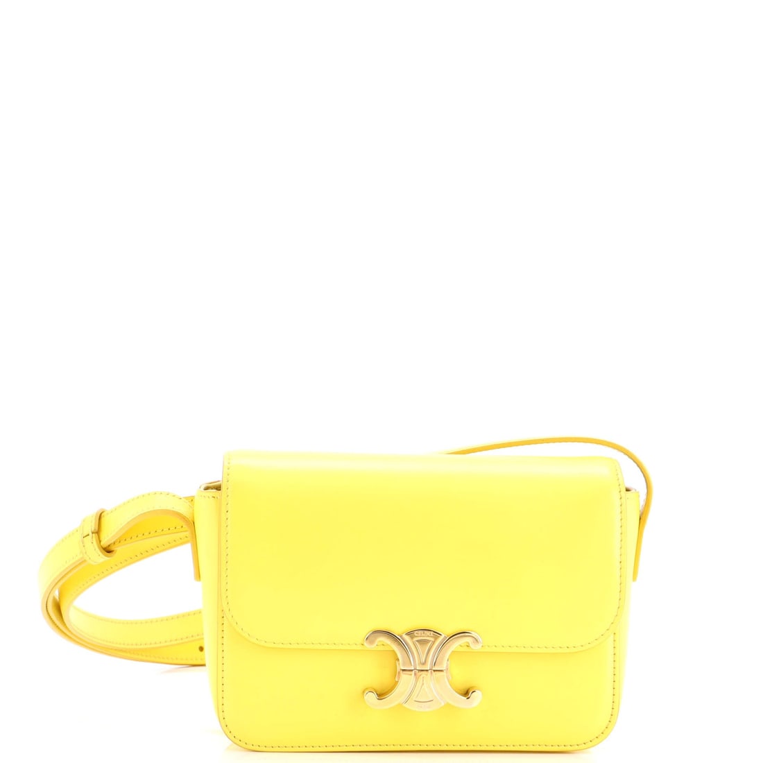 Celine Triomphe Shoulder Bag Smooth Calfskin Nano: Open the Celine Triomphe Shoulder Bag and the pocketing is the first thing you notice, the kind of interior that takes structure seriously. Cast in a saturated yellow, the kind of palette that earns a