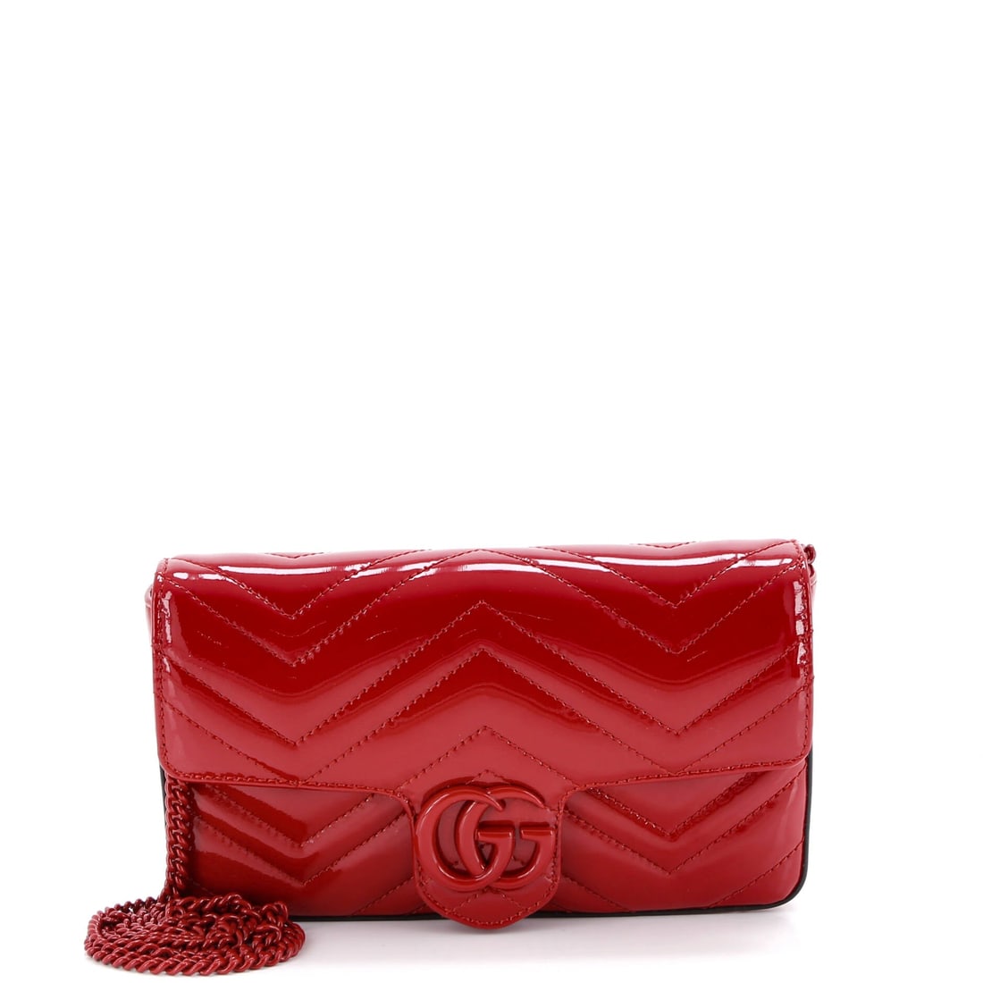 Gucci GG Marmont Flap Bag Matelasse Patent Mini: Inside, the GG Marmont Flap Bag reveals the kind of Gucci interior planning that earns its rotation: room for a wallet, a phone, a slim book. The red treatment carries its own presence, drawn in matel