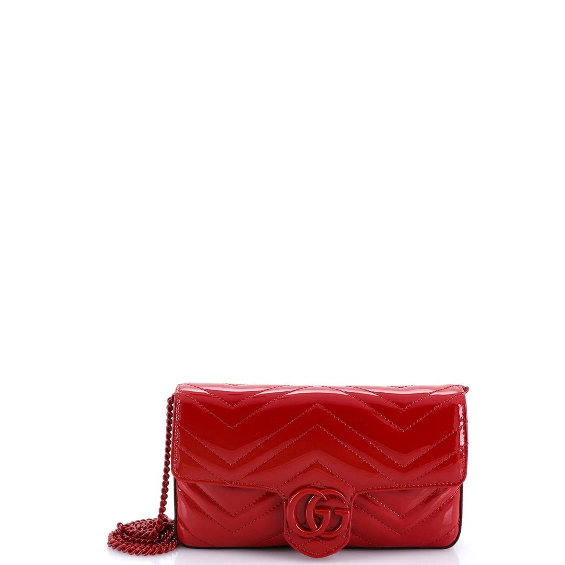 Gucci GG Marmont Flap Bag Matelasse Patent Mini: From the side, the Gucci GG Marmont Flap Bag reads as architecture first, a silhouette that has been refined into a settled idiom. A luminous red palette carries the read, rendered in matelasse, the q