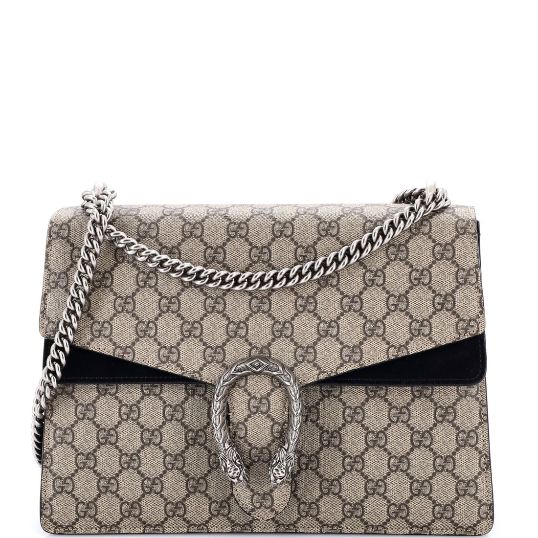 Gucci Dionysus Bag GG Coated Canvas Medium: On this Gucci Dionysus Bag, the hardware reads as the architectural anchor, the same finish that carries across the rest of the line. The brown colorway sits richly across the surface, finished in coa