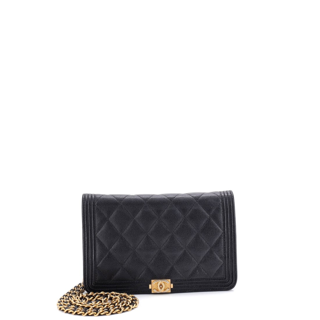 Chanel Boy Wallet on Chain Quilted Caviar: At the surface, the Chanel Boy Wallet on Chain relies on quilted caviar, Chanel's diamond stitch over pebbled calfskin, the leather choice doing the work of the design. Stitching, edges, and lining al