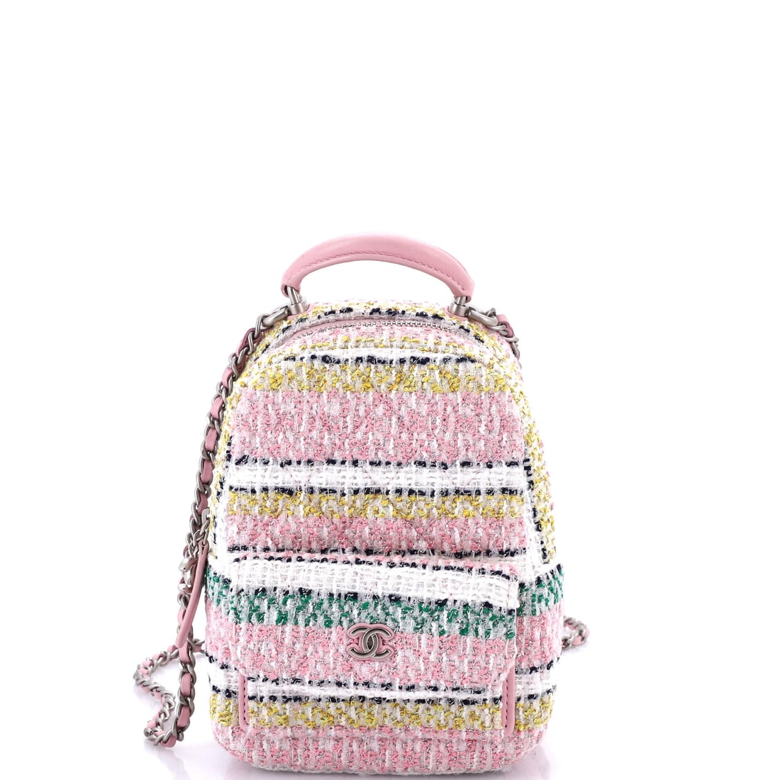 Chanel Classic CC Chain Pocket Backpack Quilted Tweed Mini: Worn on the shoulder, the Chanel Classic CC Chain Pocket Backpack holds its line and its weight in a way that explains why the model gets repeat-bought. The body reads in quilted tweed, the house's co