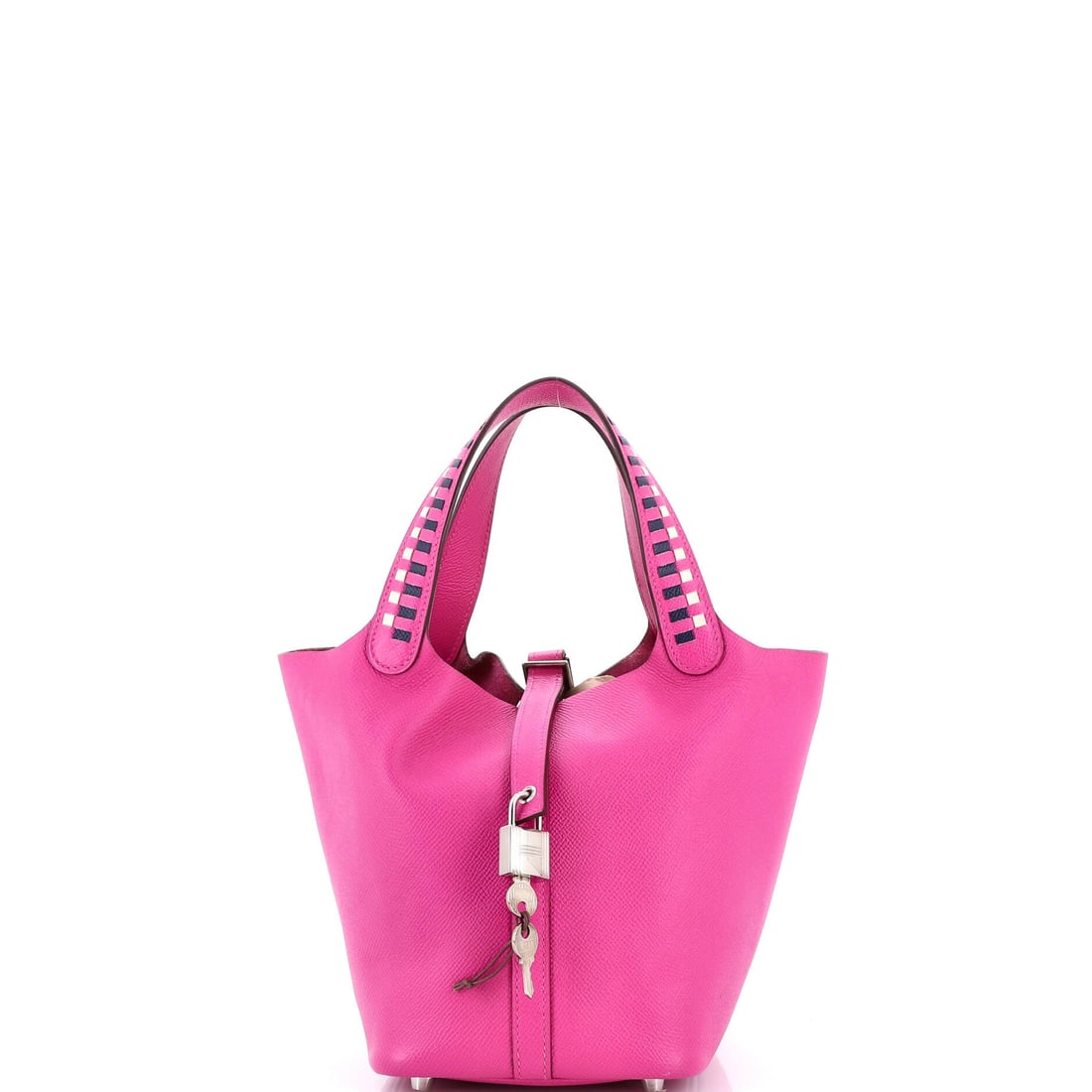 Hermes Picotin Lock Bag Tressage Epsom PM: What carries the Hermes Picotin Lock Bag most is its material - Tressage Epsom, an interlaced strip of Epsom calfskin woven by hand - chosen to age into the bag rather than against it. Stitch lines, e