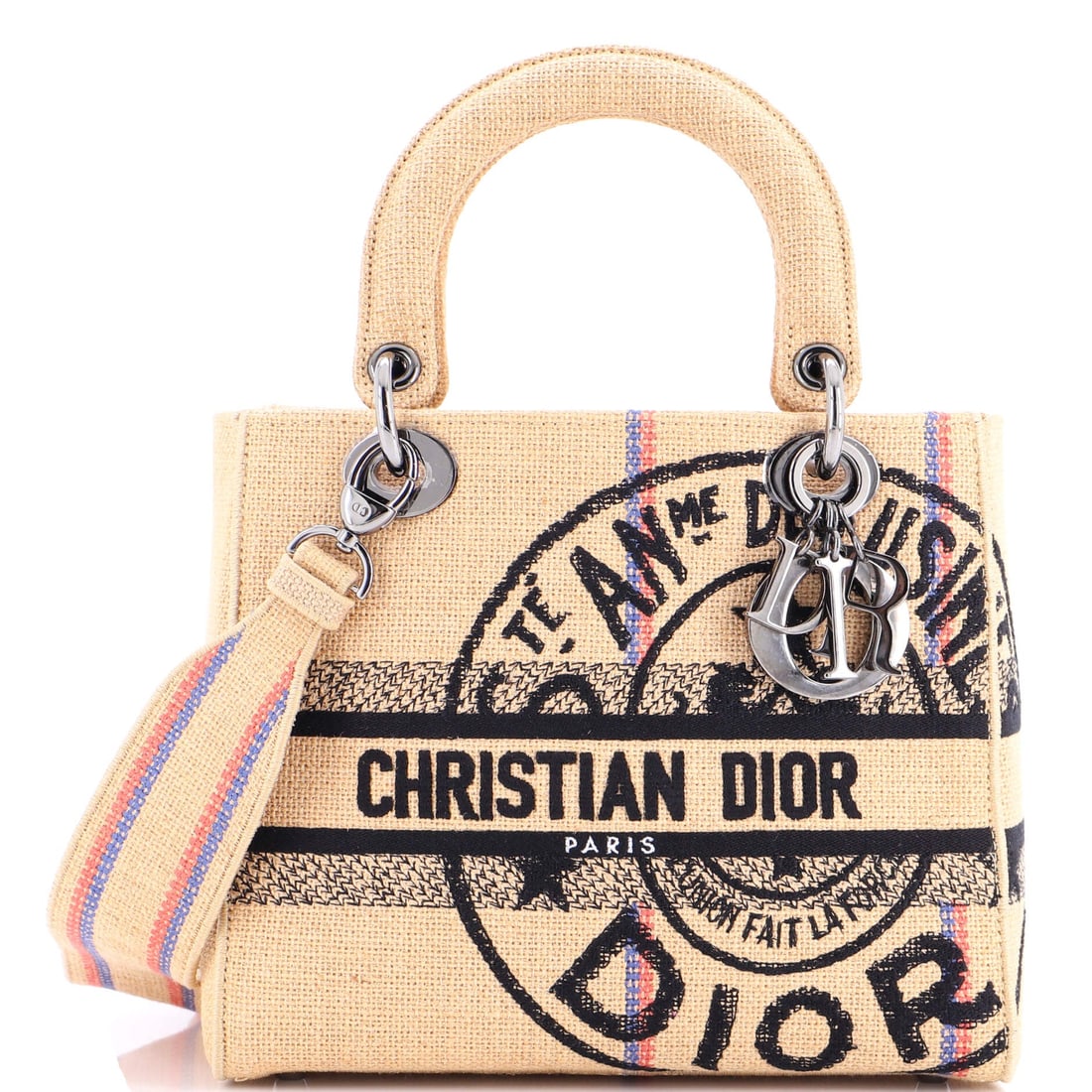 Christian Dior Lady D-Lite Bag Embroidered Jute Canvas Medium: Pull the Christian Dior Lady D-Lite Bag open and the interior reads as quiet and capable, with pockets placed for the way bags are actually used. Finished in embroidered jute, a natural fiber given co
