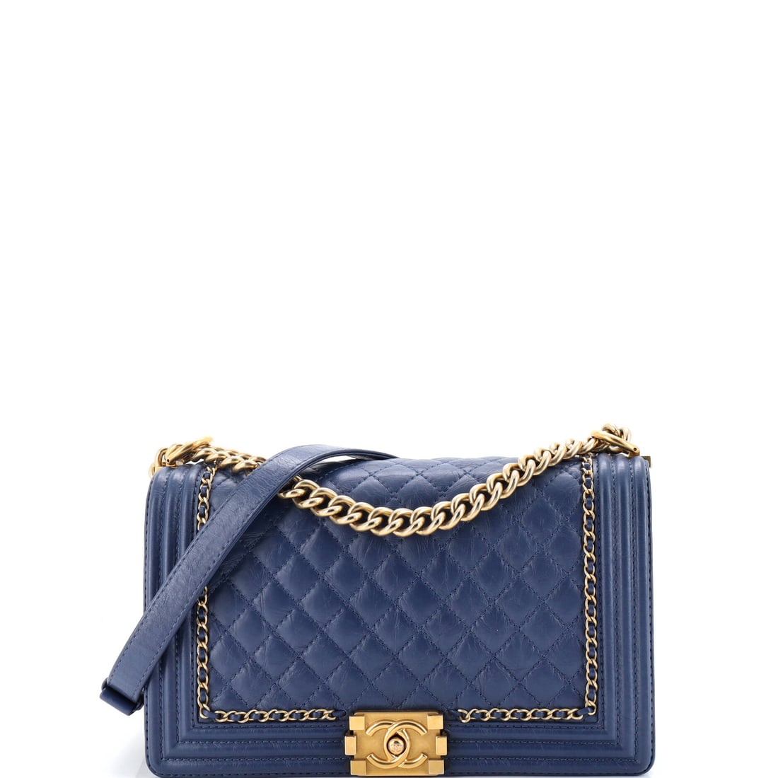 Chanel Jacket Boy Flap Bag Quilted Aged Calfskin New Medium: At the surface, the Chanel Jacket Boy Flap Bag relies on quilted aged calfskin, calfskin treated for a worn-in matte hand, the leather choice doing the work of the design. Hand-finishing shows in the 