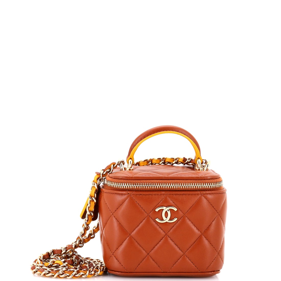 Chanel Classic Top Handle Vanity Case with Chain Quilted Lambskin Mini: This Chanel Classic Top Handle Vanity Case with Chain carries the interior thinking that separates serious leathergoods from decorative ones, with compartments placed where they matter. Built in quilt