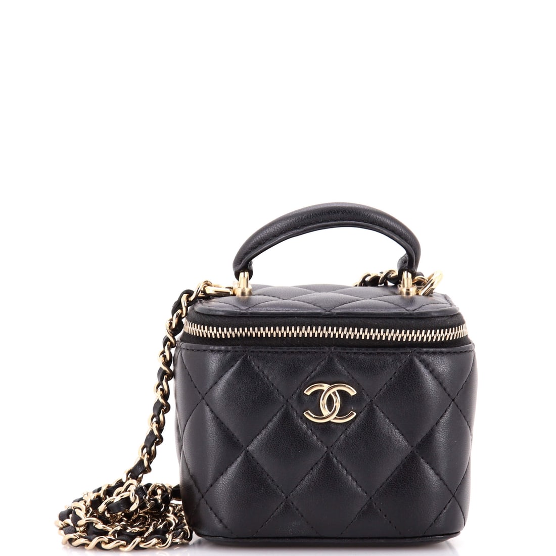 Chanel Classic Top Handle Vanity Case with Chain Quilted Lambskin Mini: At the Mini scale, the Chanel Classic Top Handle Vanity Case with Chain reads as the version most owners end up reaching for first. The body reads in quilted lambskin, a soft nappa leather worked in t