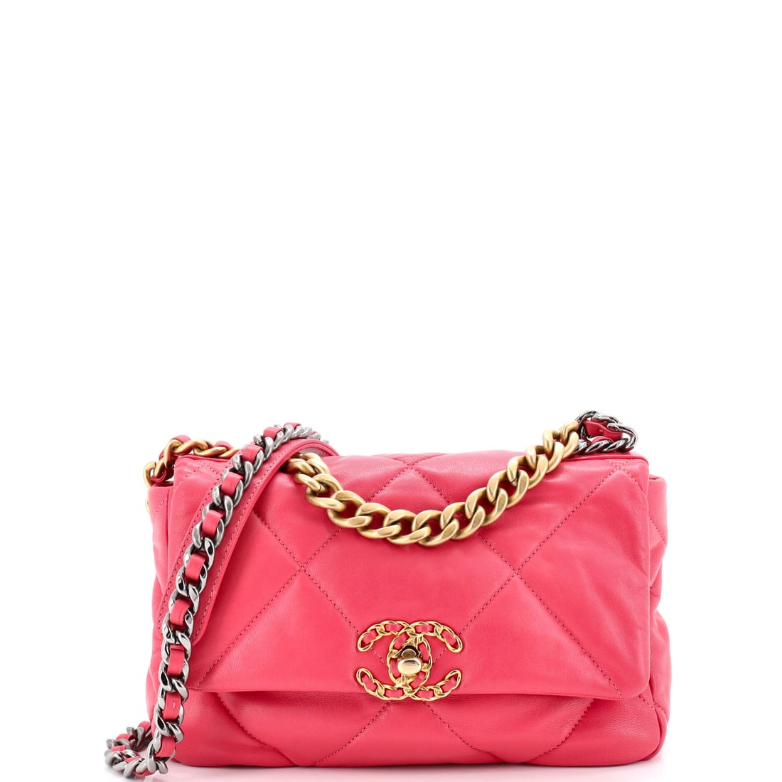 Chanel 19 Flap Bag Quilted Leather Medium: Hardware sets the tone on the Chanel 19 Flap Bag, finished to a level that explains the price tag long before the leather is opened. The quilted leather treatment gives the silhouette a surface that